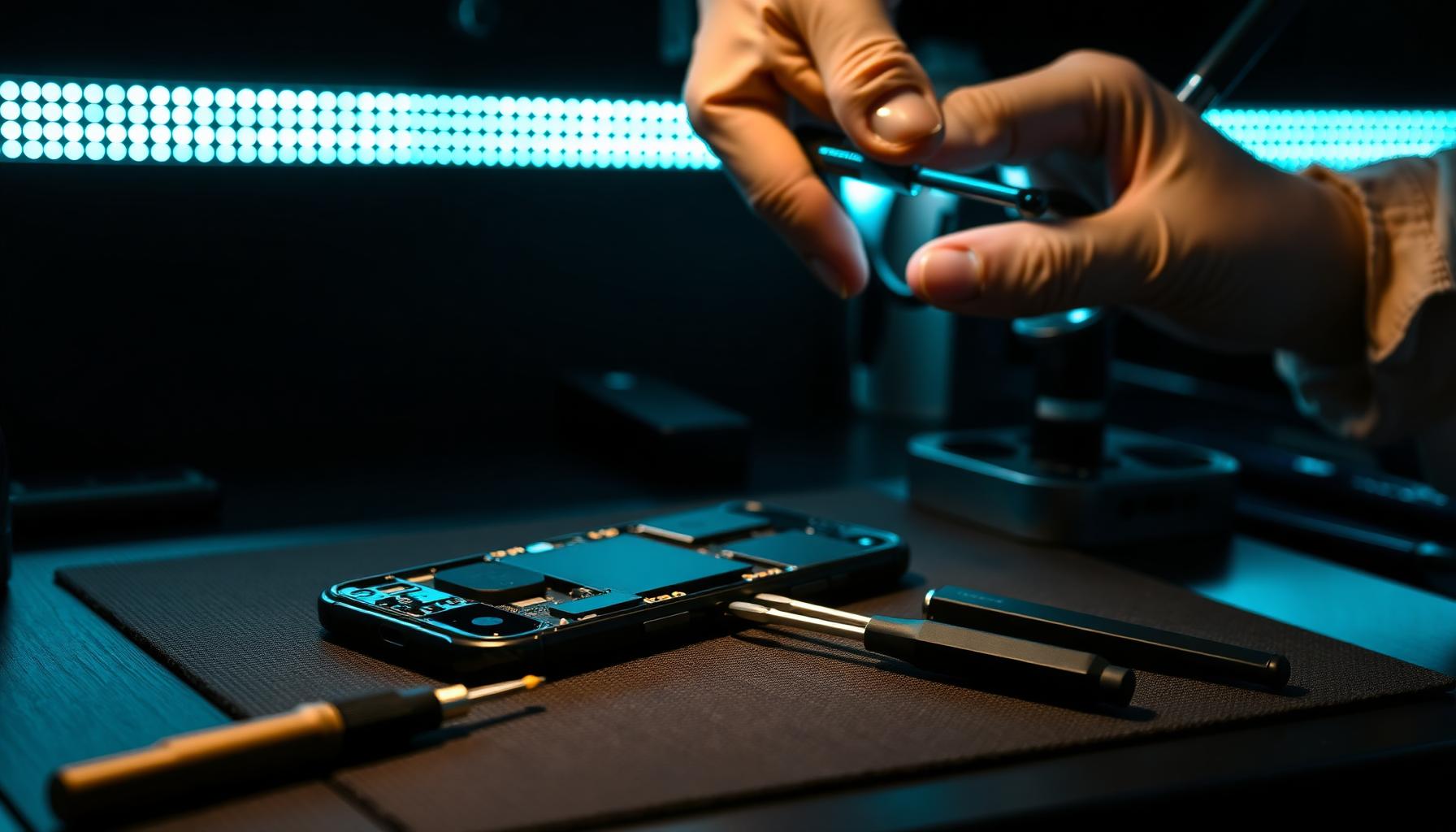 Technician performing precision phone repair on a workbench with teal accent lighting